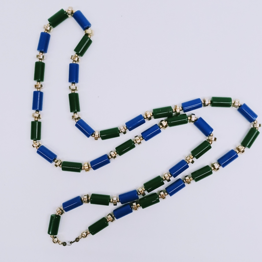 Blue, Green & Gold Beaded Necklace. 35" total length.